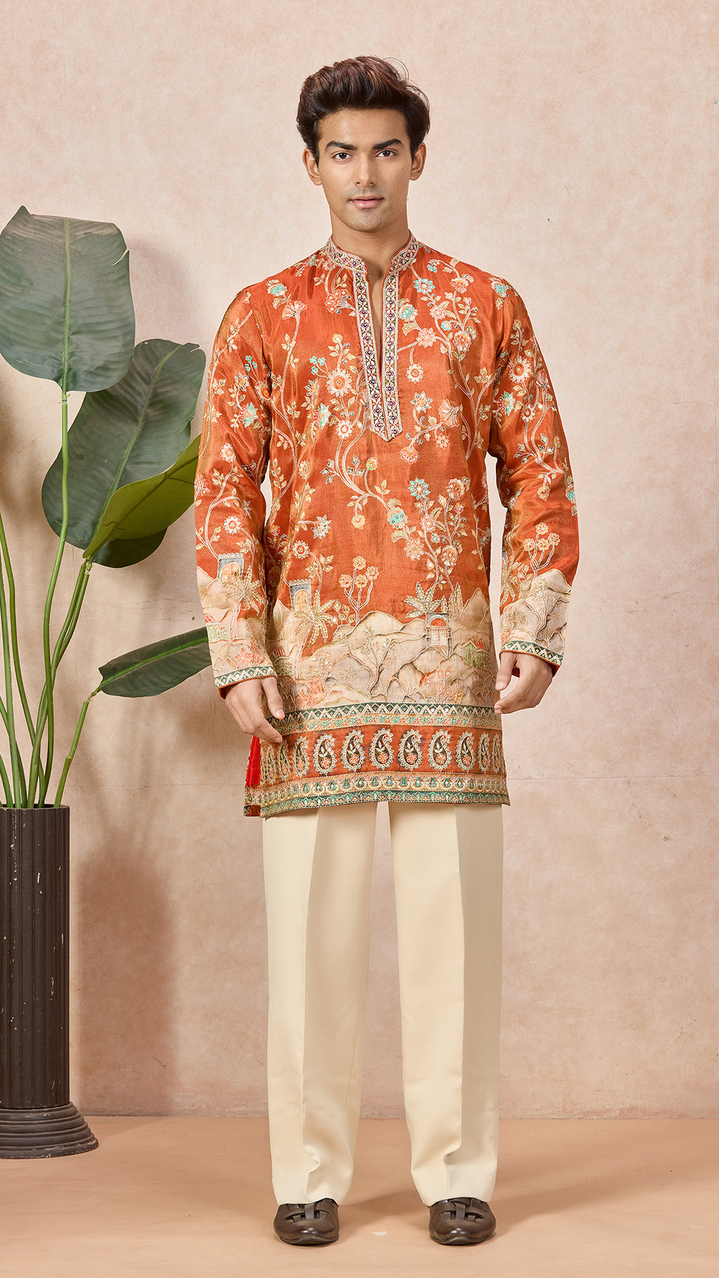 Orange V-Neck Short Kurta Set for Men with Korean Pants