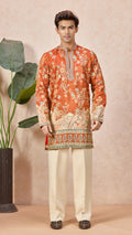 Orange V-Neck Short Kurta Set for Men with Korean Pants