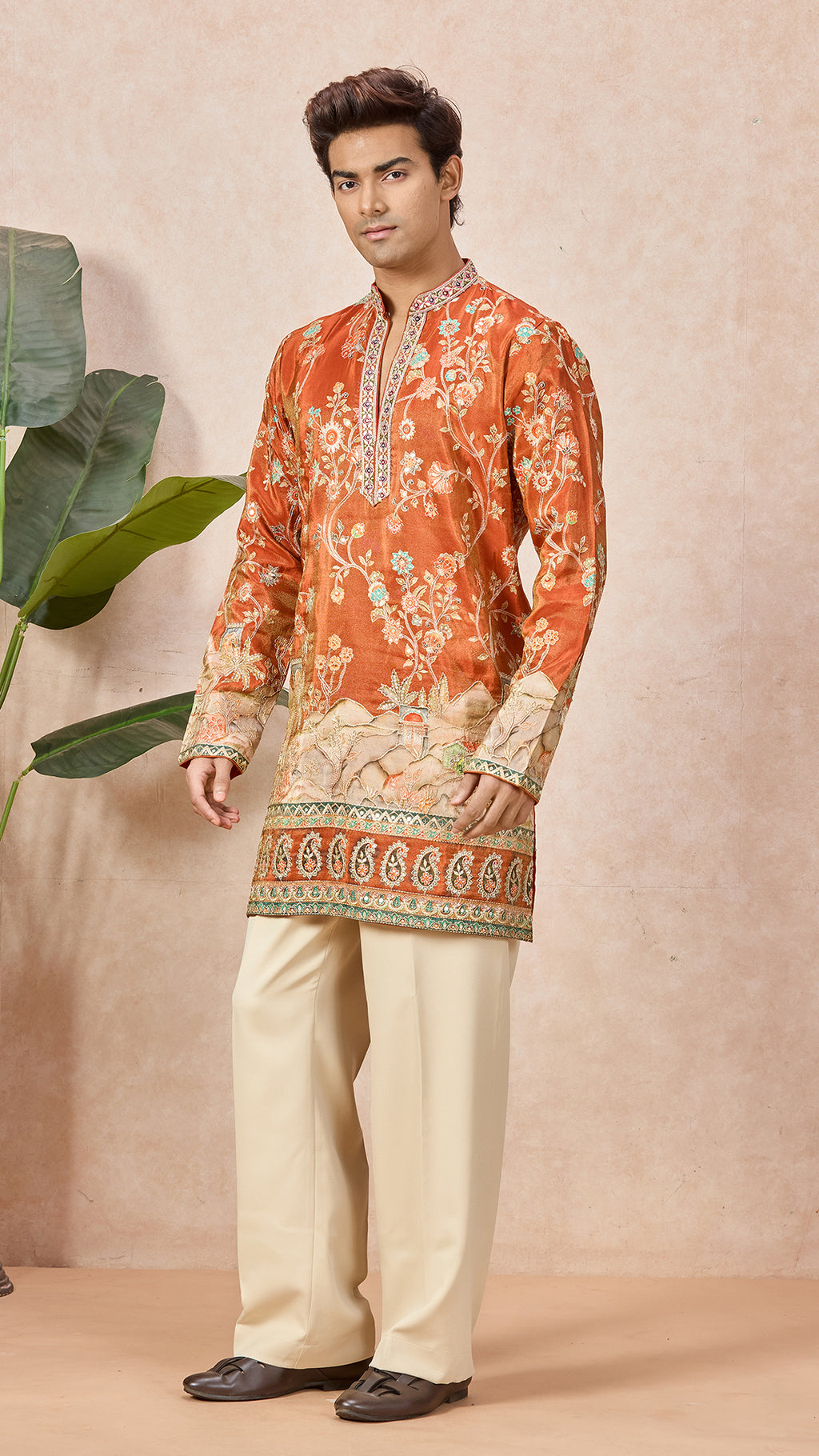 Orange V-Neck Short Kurta Set for Men with Korean Pants