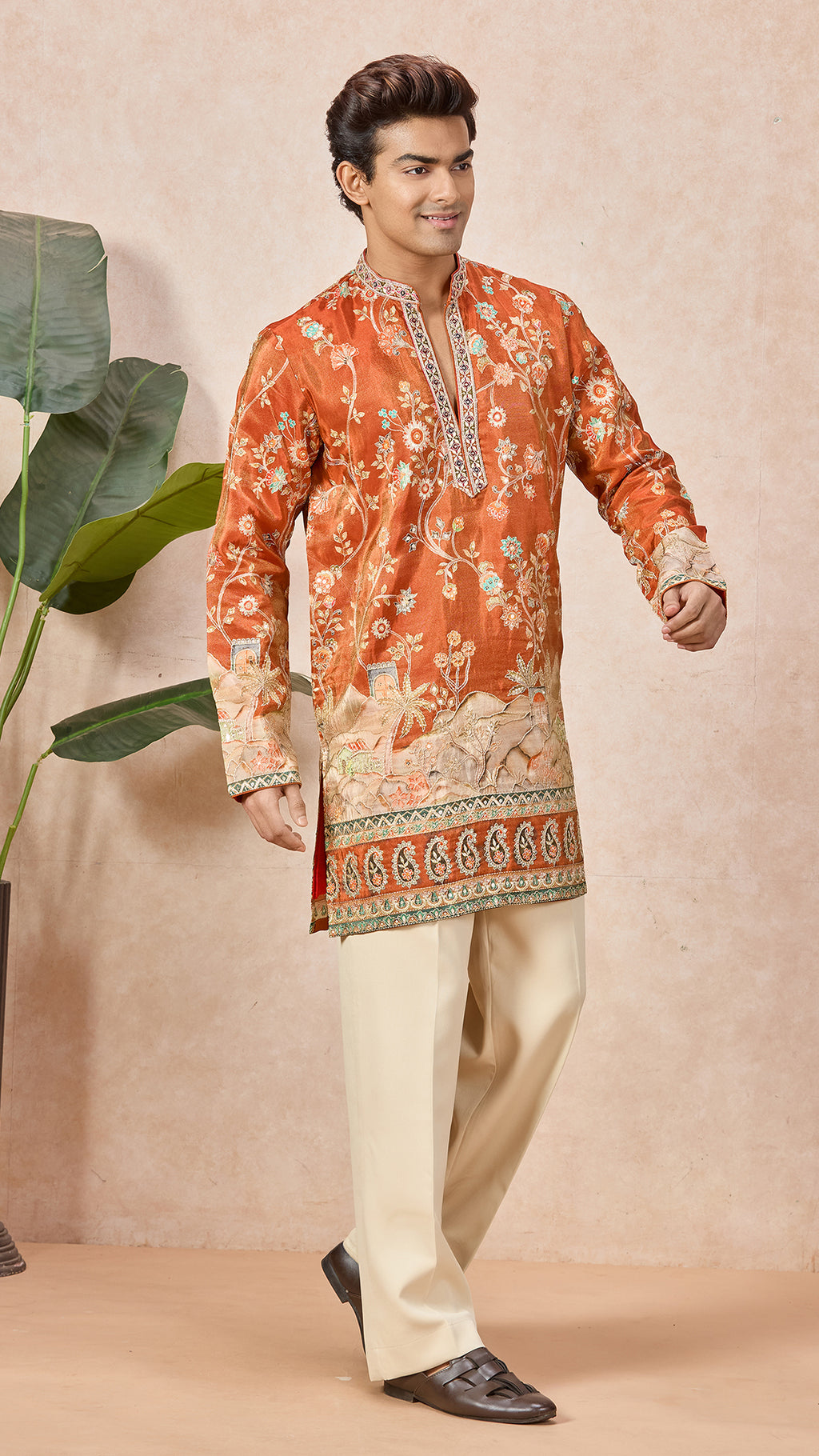 Orange V-Neck Short Kurta Set for Men with Korean Pants
