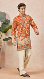 Orange V-Neck Short Kurta Set for Men with Korean Pants
