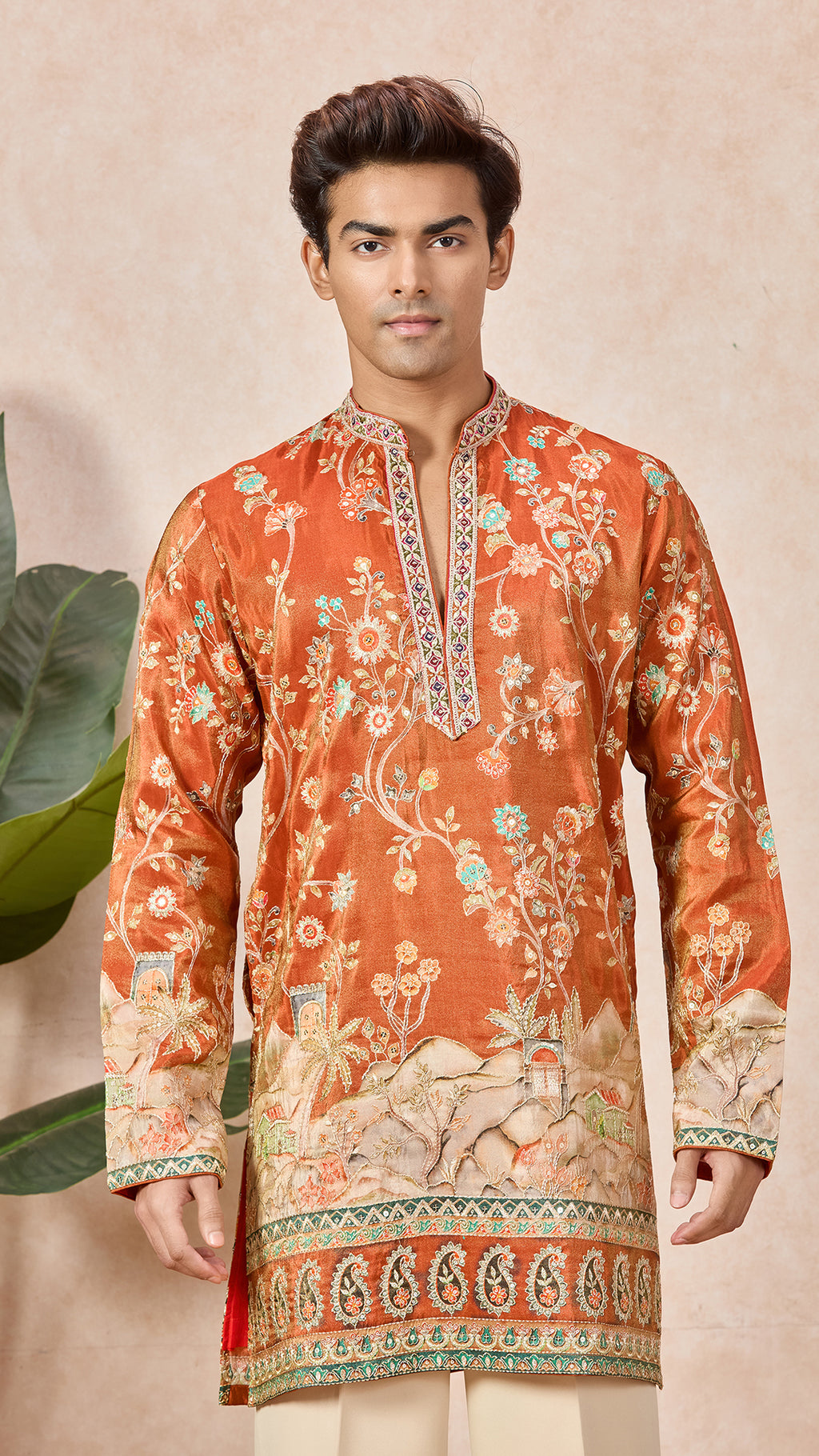 Orange V-Neck Short Kurta Set for Men with Korean Pants