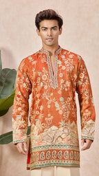 Orange V-Neck Short Kurta Set for Men with Korean Pants