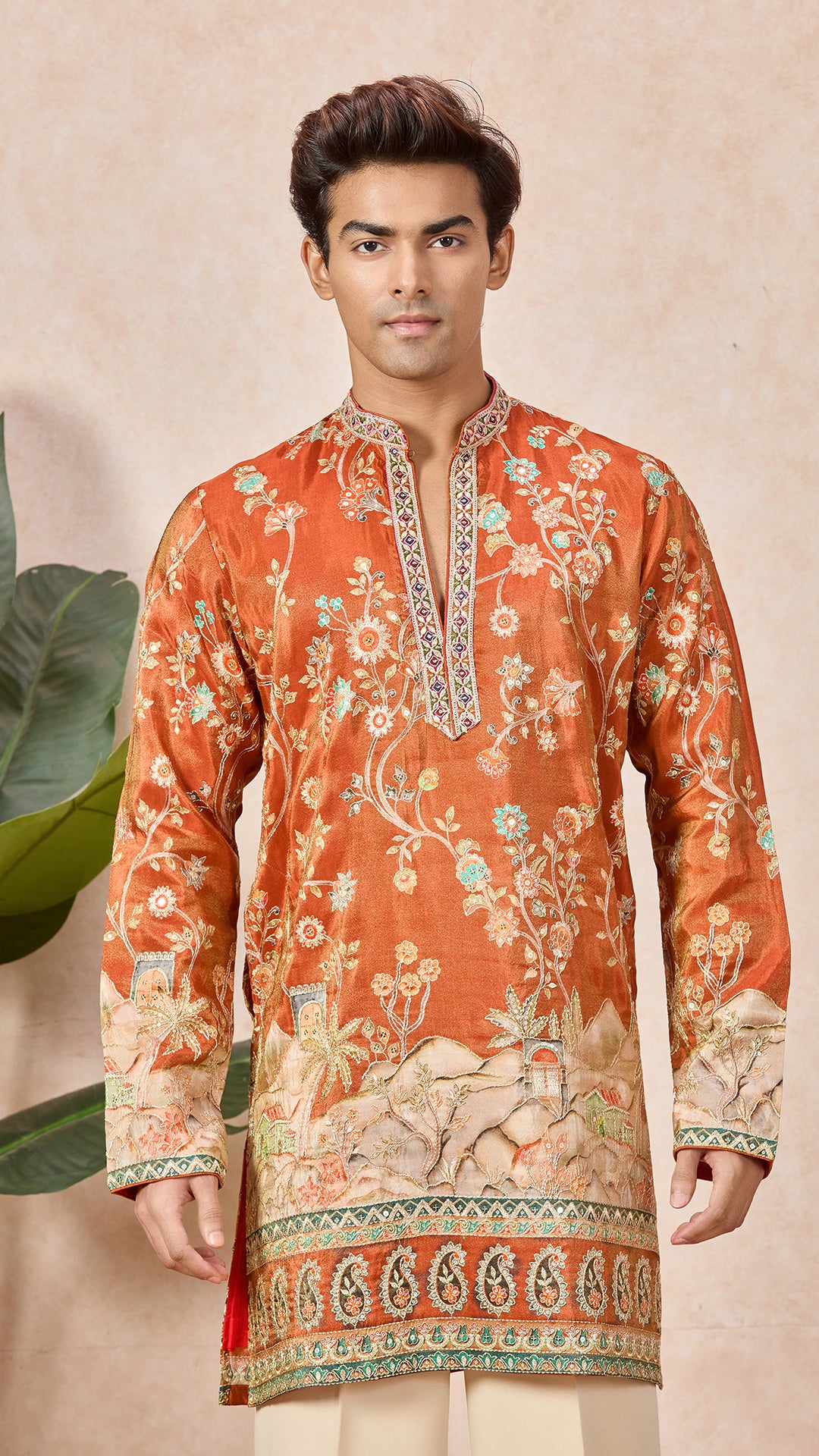 Orange V-Neck Short Kurta Set for Men with Korean Pants
