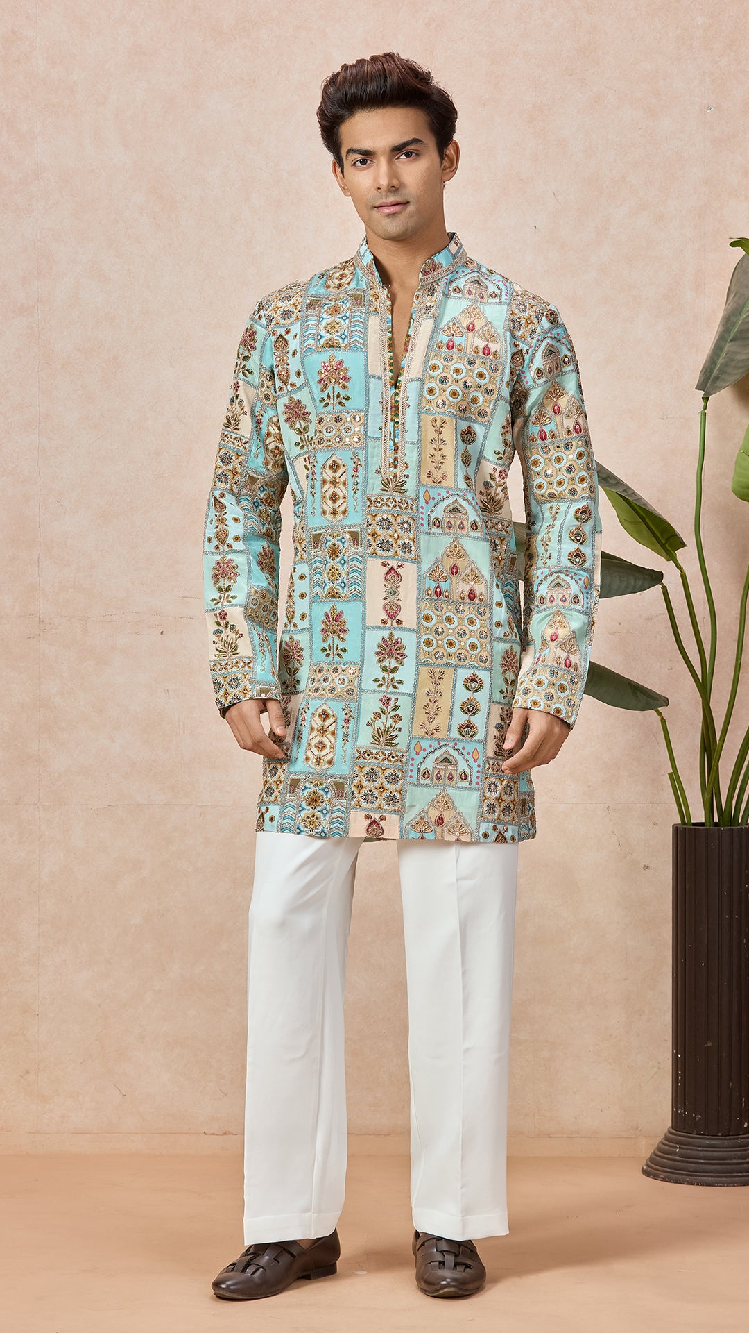 Sky Blue V-Neck Short Kurta Set with Embroidery