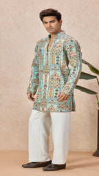 Sky Blue V-Neck Short Kurta Set with Embroidery