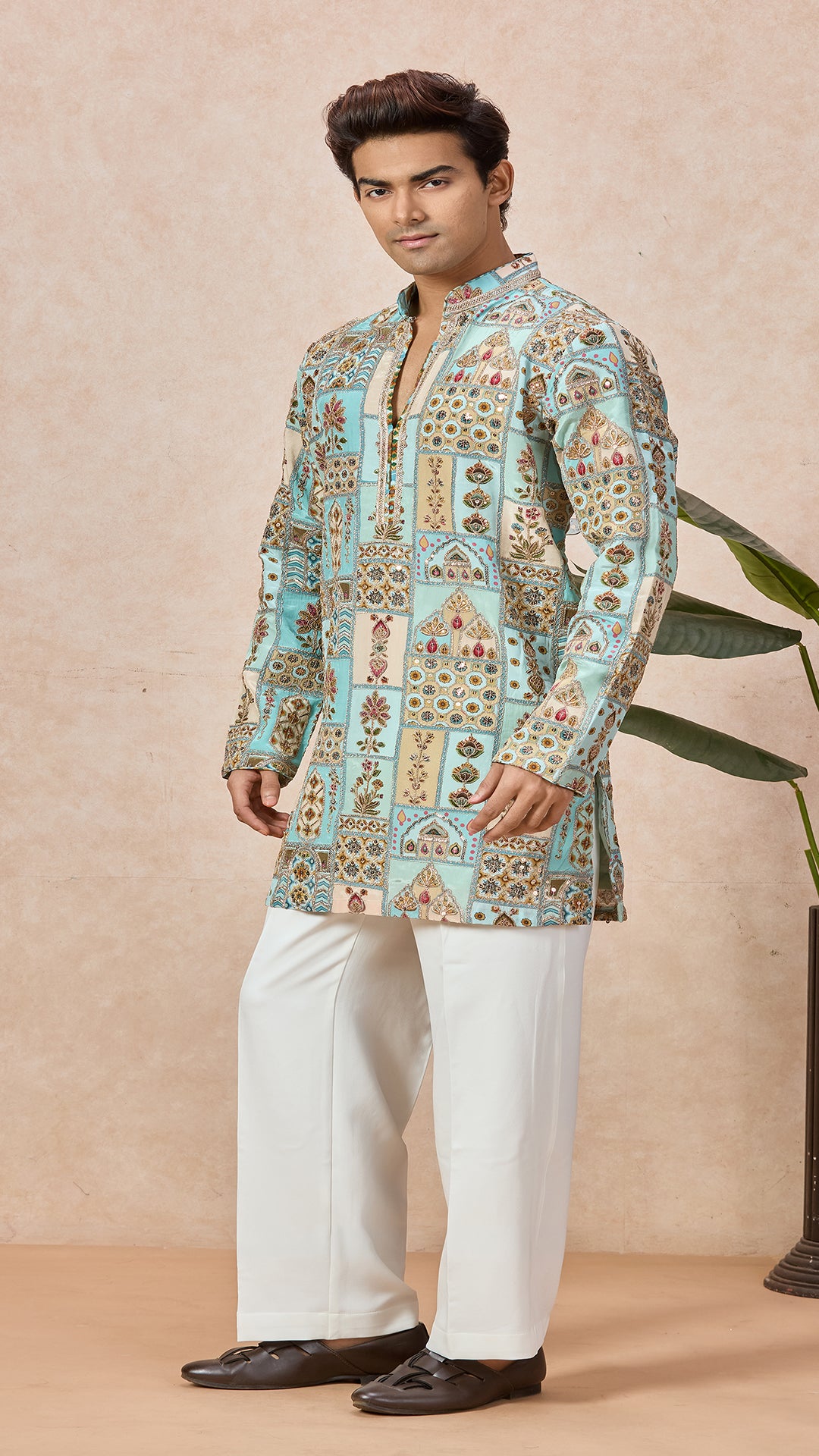 Sky Blue V-Neck Short Kurta Set with Embroidery