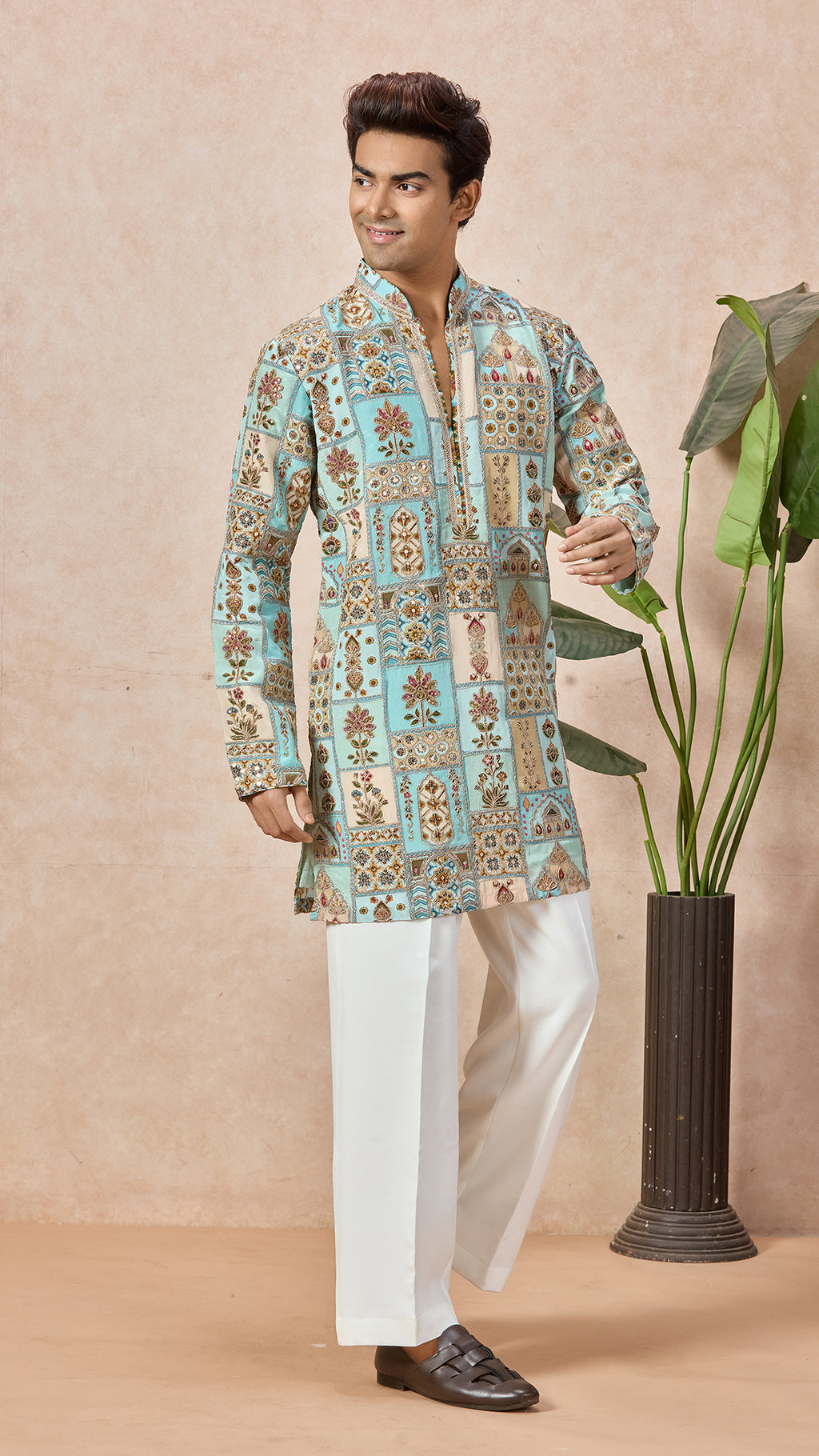 Sky Blue V-Neck Short Kurta Set with Embroidery