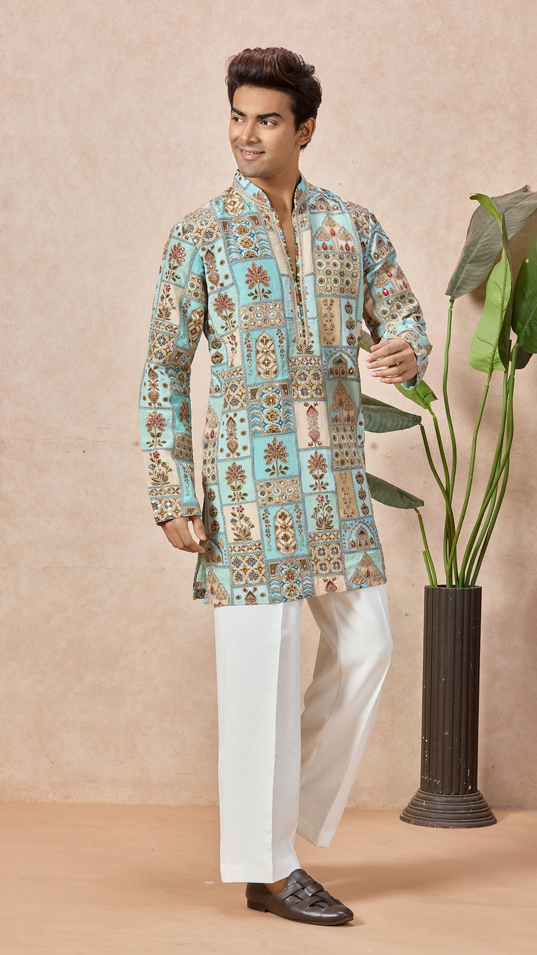 Sky Blue V-Neck Short Kurta Set with Embroidery