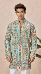 Sky Blue V-Neck Short Kurta Set with Embroidery