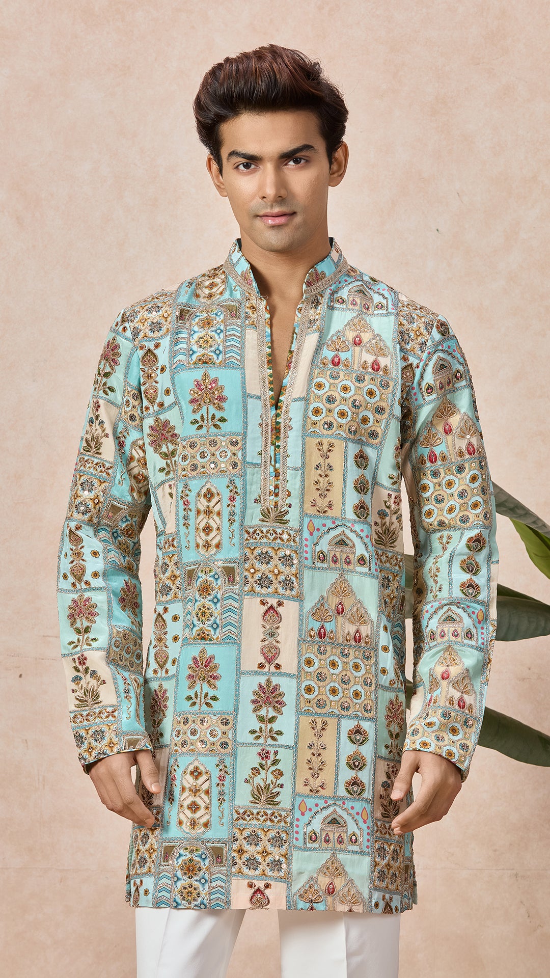 Sky Blue V-Neck Short Kurta Set with Embroidery
