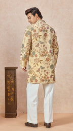 Beige V-Neck Embroidery Short Kurta Set for Men with Korean Pants
