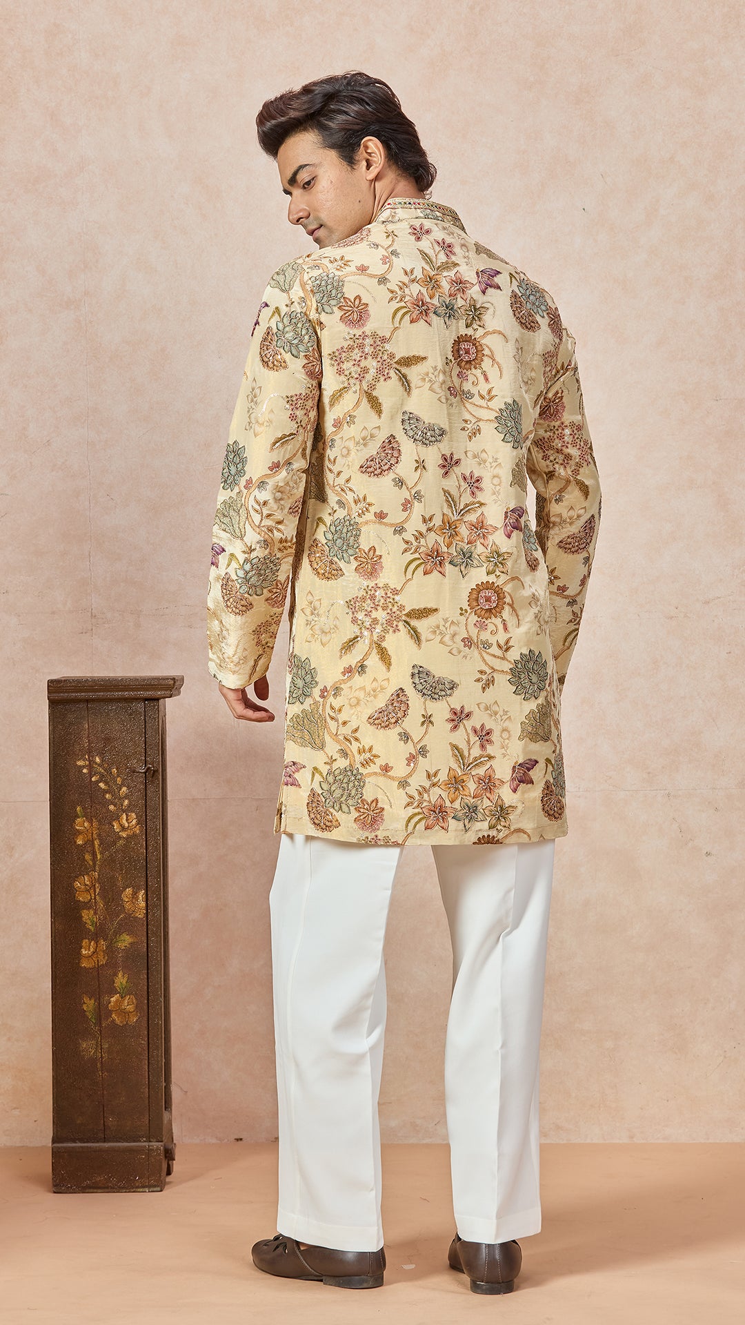 Beige V-Neck Embroidery Short Kurta Set for Men with Korean Pants