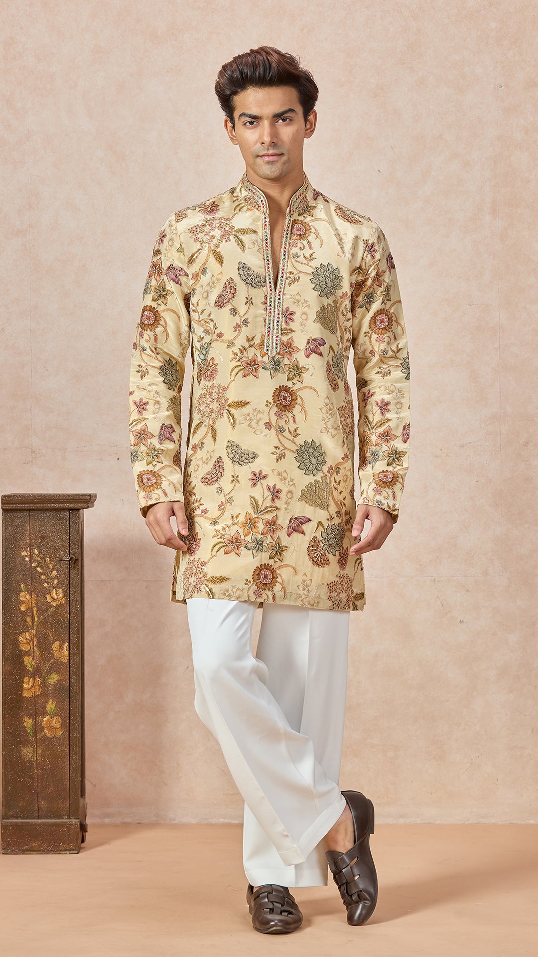 Beige V-Neck Embroidery Short Kurta Set for Men with Korean Pants