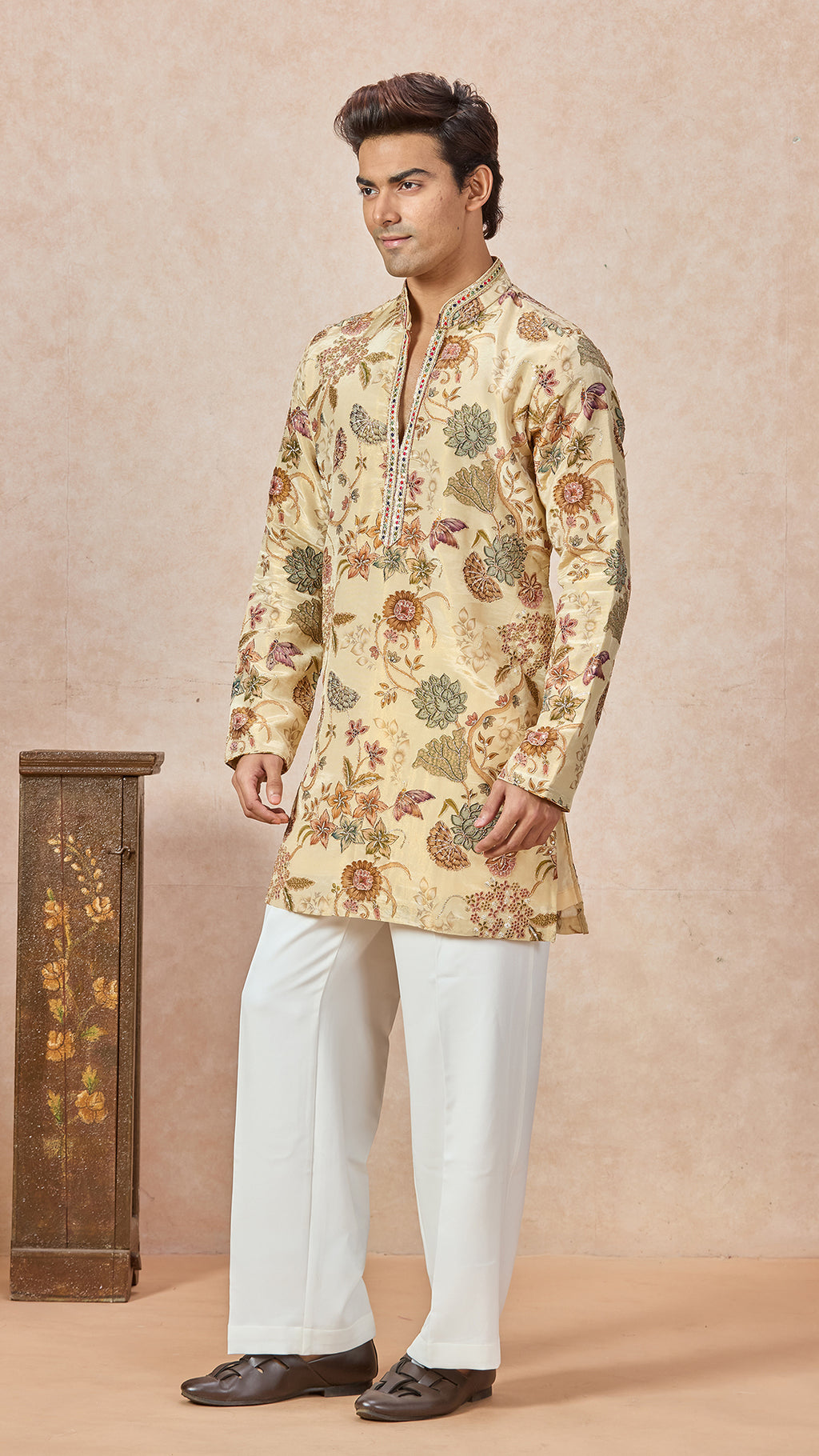 Beige V-Neck Embroidery Short Kurta Set for Men with Korean Pants