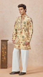 Beige V-Neck Embroidery Short Kurta Set for Men with Korean Pants