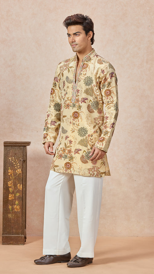 Beige V-Neck Embroidery Short Kurta Set for Men with Korean Pants
