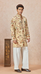 Beige V-Neck Embroidery Short Kurta Set for Men with Korean Pants