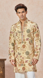 Beige V-Neck Embroidery Short Kurta Set for Men with Korean Pants