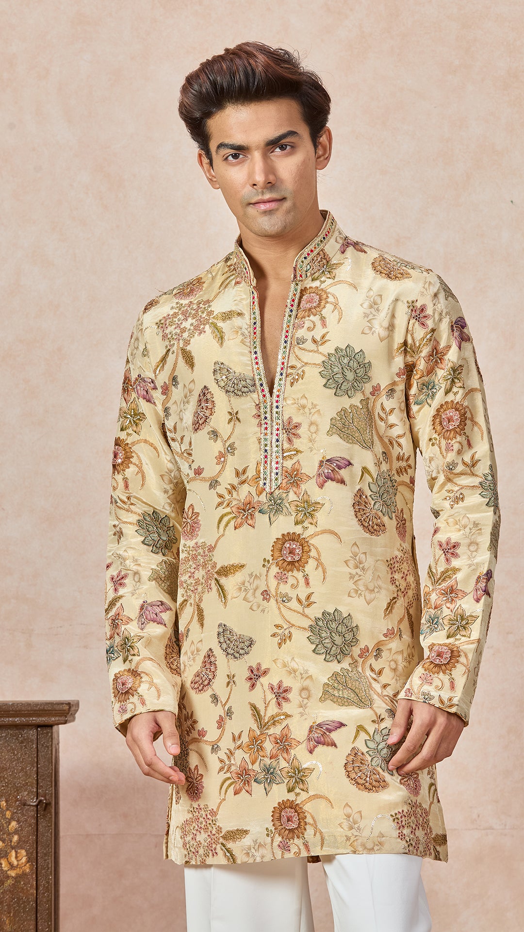 Beige V-Neck Embroidery Short Kurta Set for Men with Korean Pants
