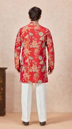 Red Orange V-Neck Embroidery Short Kurta Set for Men with Korean Pants
