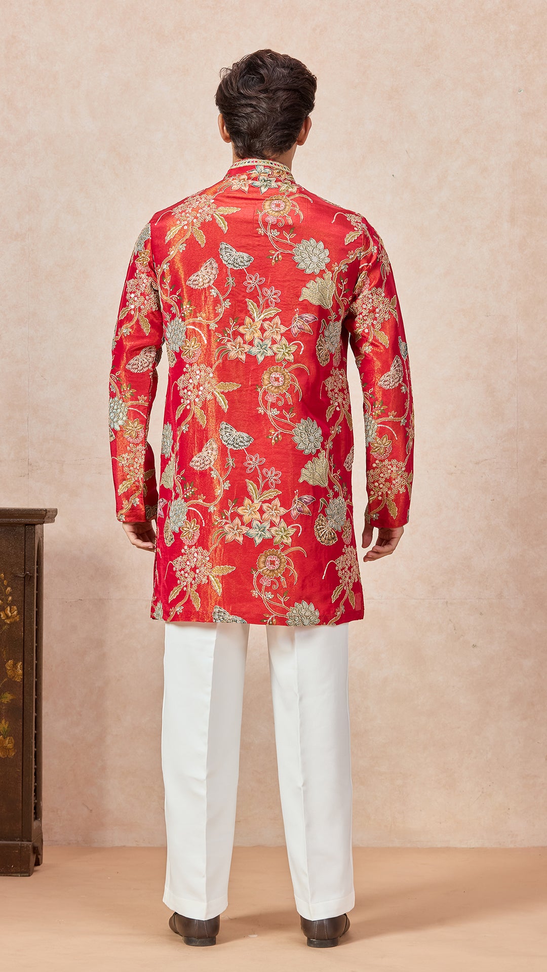 Red Orange V-Neck Embroidery Short Kurta Set for Men with Korean Pants