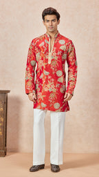 Red Orange V-Neck Embroidery Short Kurta Set for Men with Korean Pants