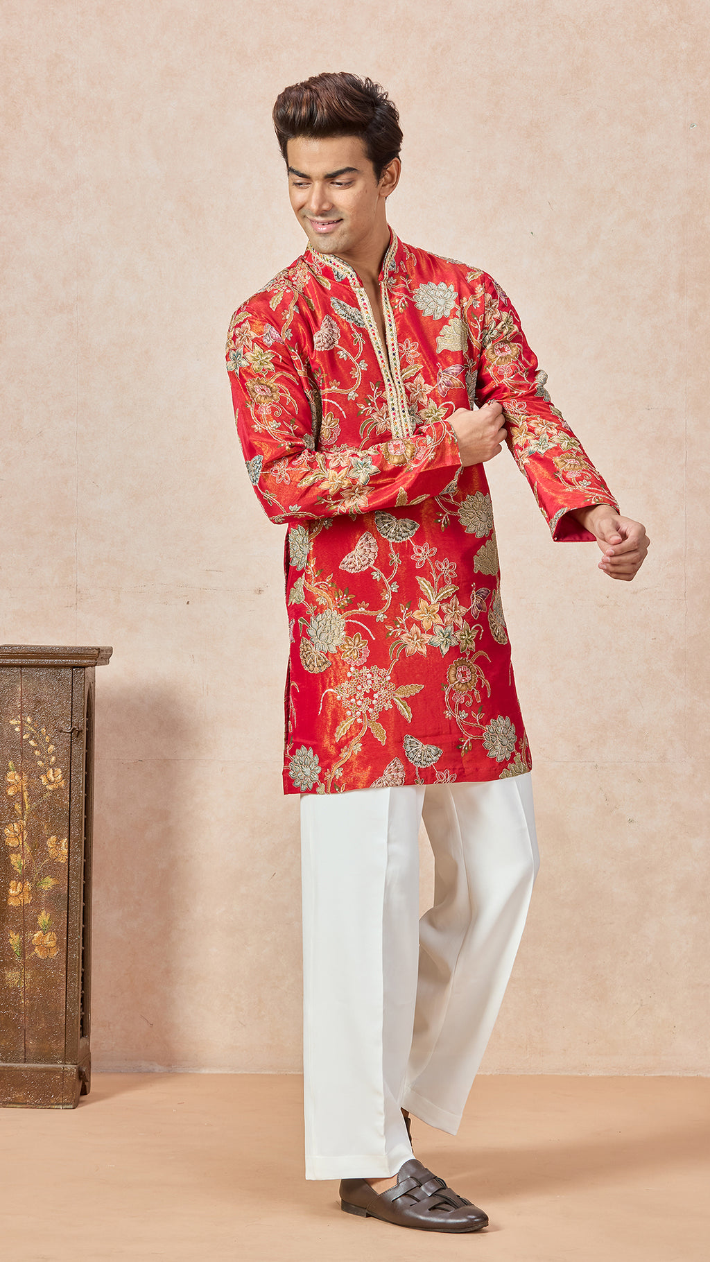 Red Orange V-Neck Embroidery Short Kurta Set for Men with Korean Pants