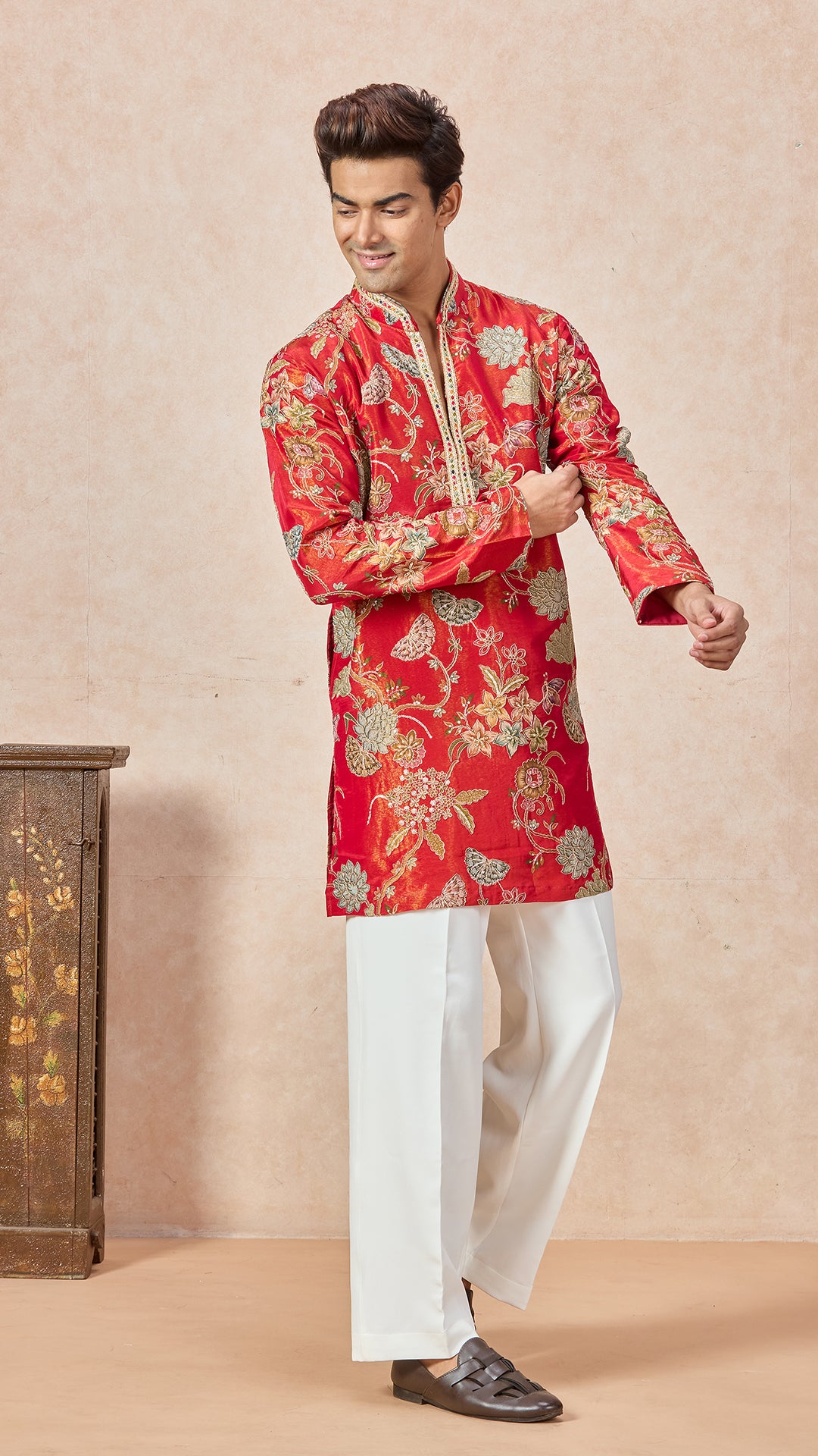 Red Orange V-Neck Embroidery Short Kurta Set for Men with Korean Pants