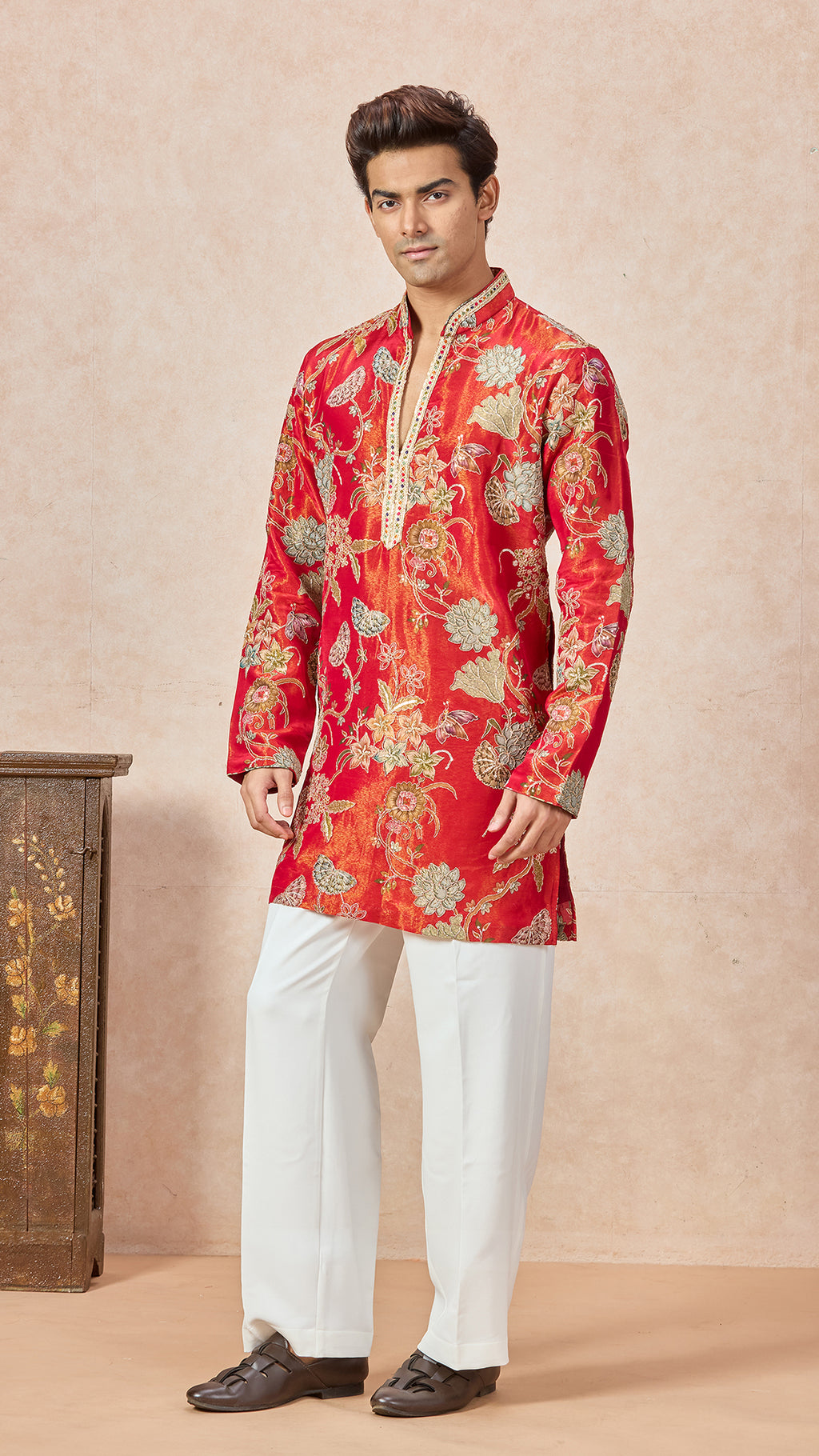 Red Orange V-Neck Embroidery Short Kurta Set for Men with Korean Pants