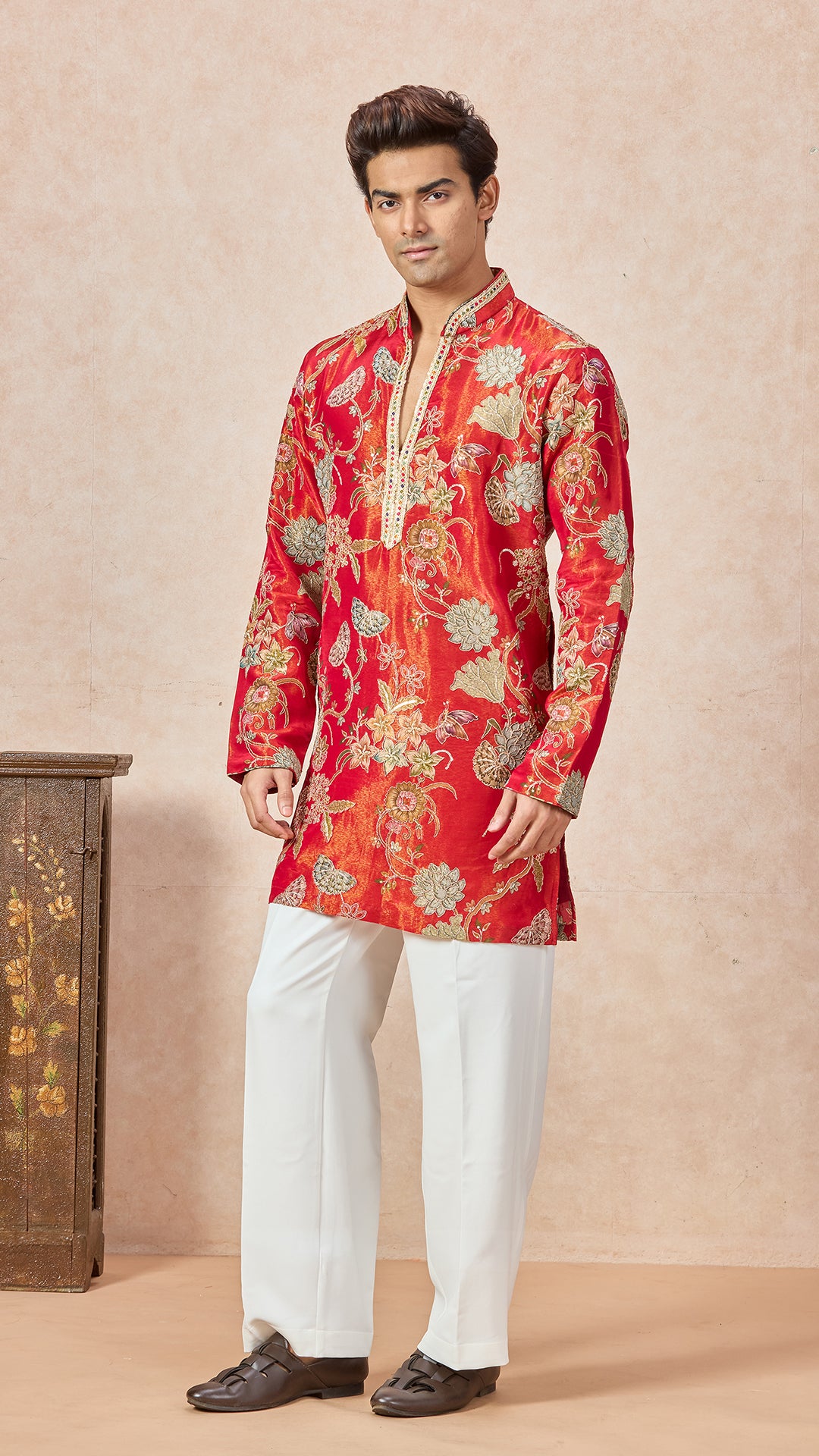 Red Orange V-Neck Embroidery Short Kurta Set for Men with Korean Pants