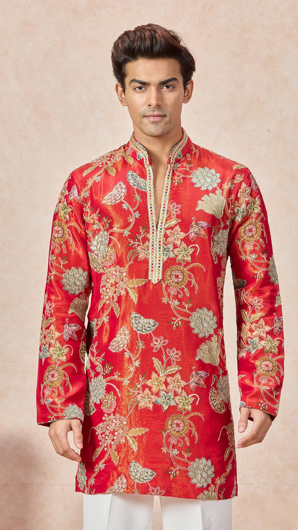 Red Orange V-Neck Embroidery Short Kurta Set for Men with Korean Pants