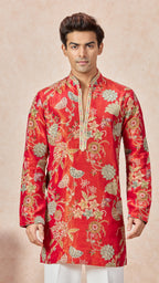 Red Orange V-Neck Embroidery Short Kurta Set for Men with Korean Pants