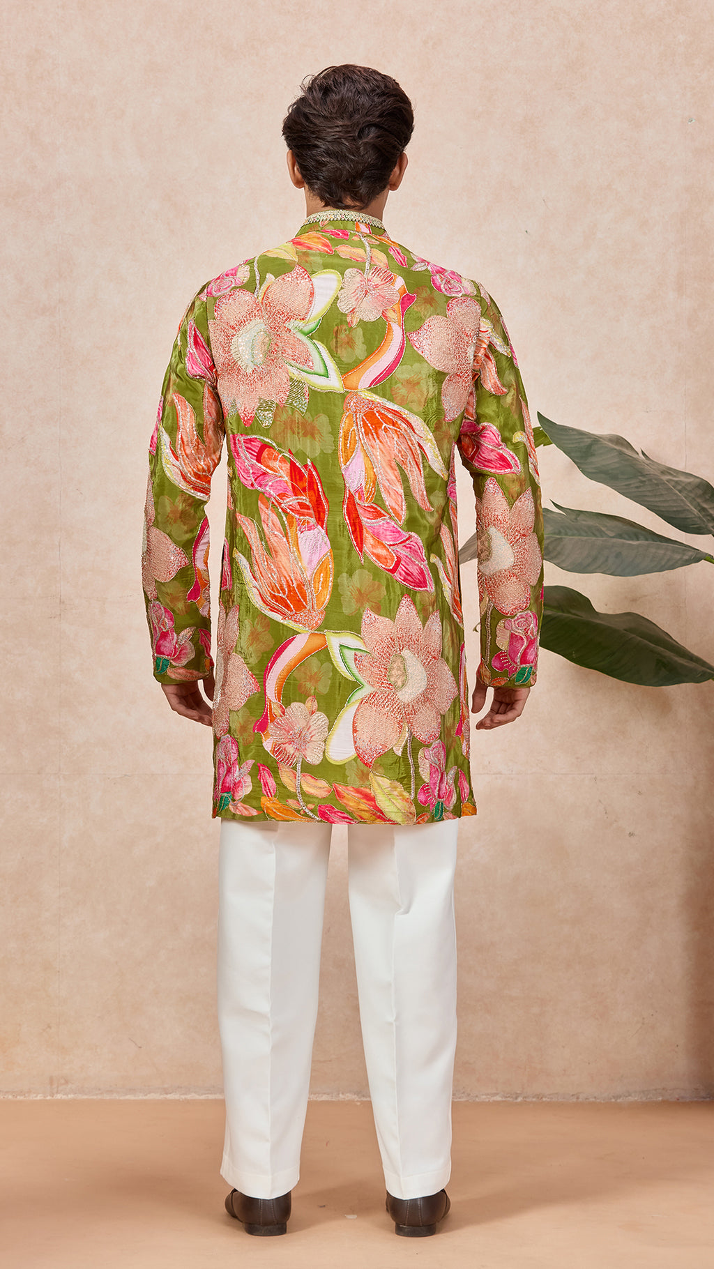 Green Mehendi Floral V-Neck Short Kurta Set for Men with Korean Pants