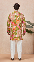 Green Mehendi Floral V-Neck Short Kurta Set for Men with Korean Pants