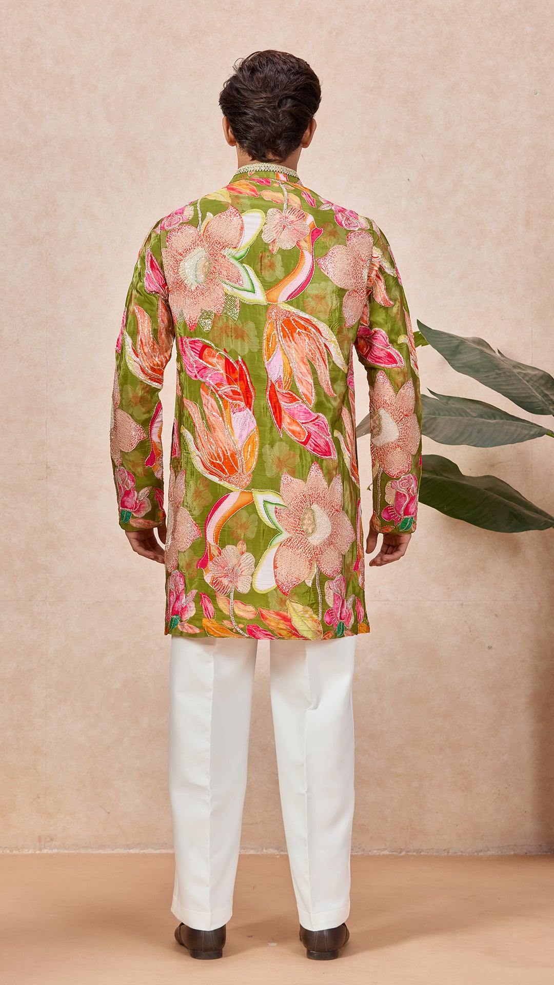 Green Mehendi Floral V-Neck Short Kurta Set for Men with Korean Pants