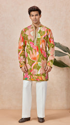 Green Mehendi Floral V-Neck Short Kurta Set for Men with Korean Pants