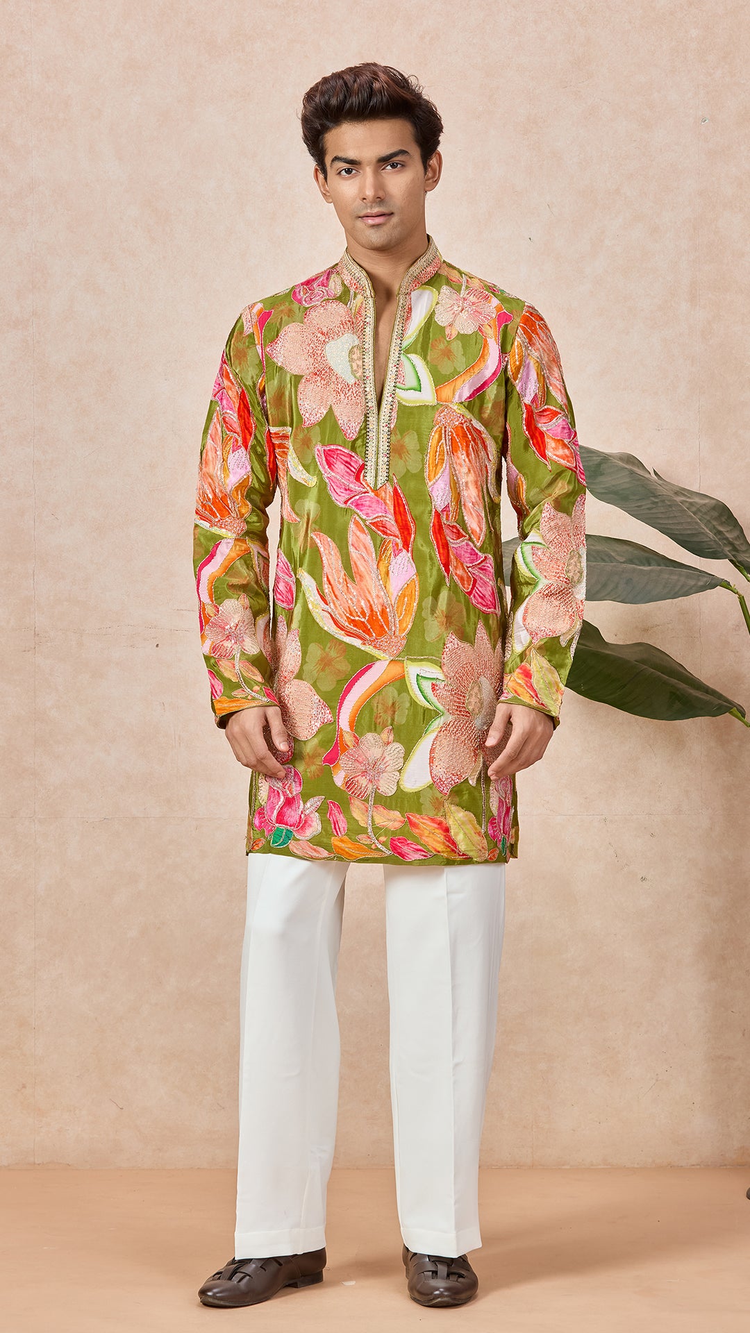 Green Mehendi Floral V-Neck Short Kurta Set for Men with Korean Pants