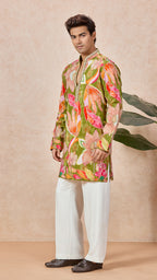 Green Mehendi Floral V-Neck Short Kurta Set for Men with Korean Pants