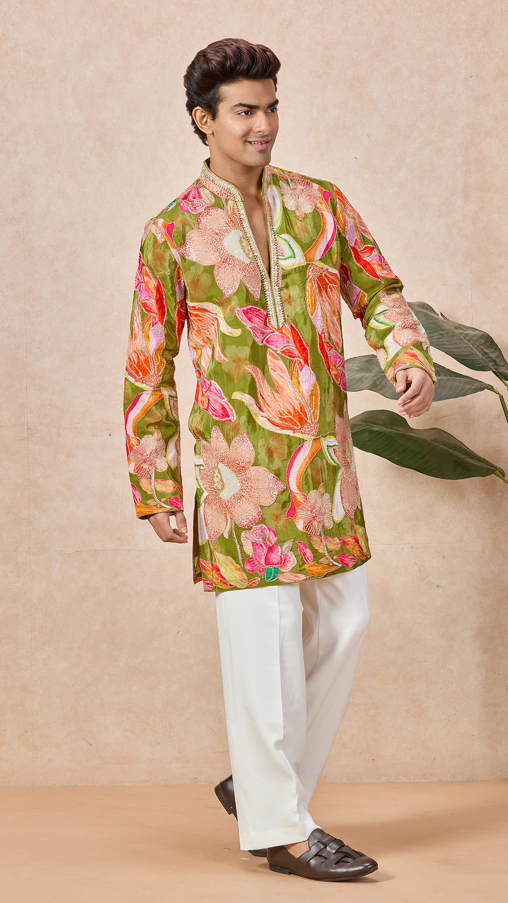 Green Mehendi Floral V-Neck Short Kurta Set for Men with Korean Pants