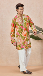 Green Mehendi Floral V-Neck Short Kurta Set for Men with Korean Pants