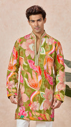 Green Mehendi Floral V-Neck Short Kurta Set for Men with Korean Pants