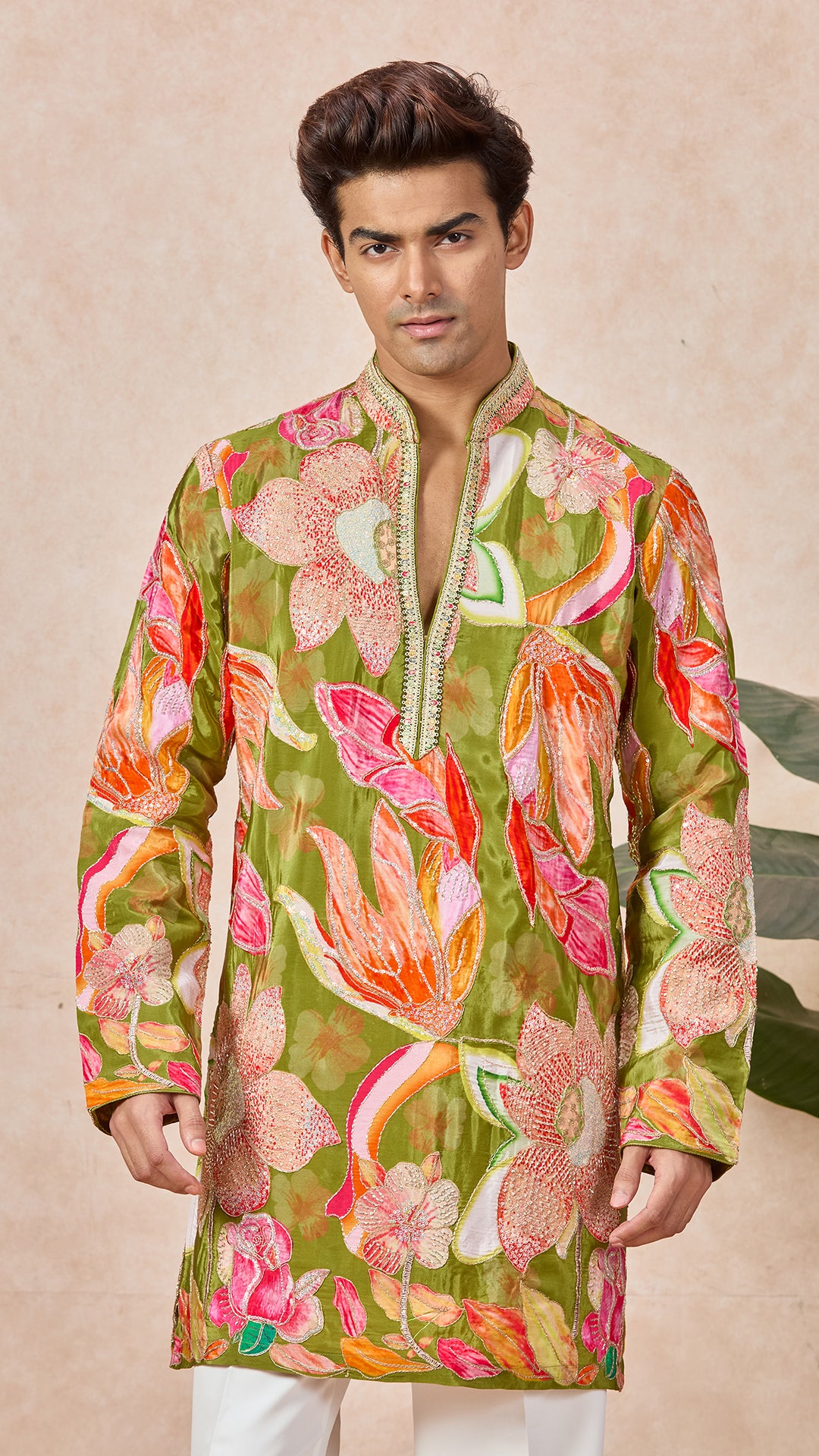 Green Mehendi Floral V-Neck Short Kurta Set for Men with Korean Pants
