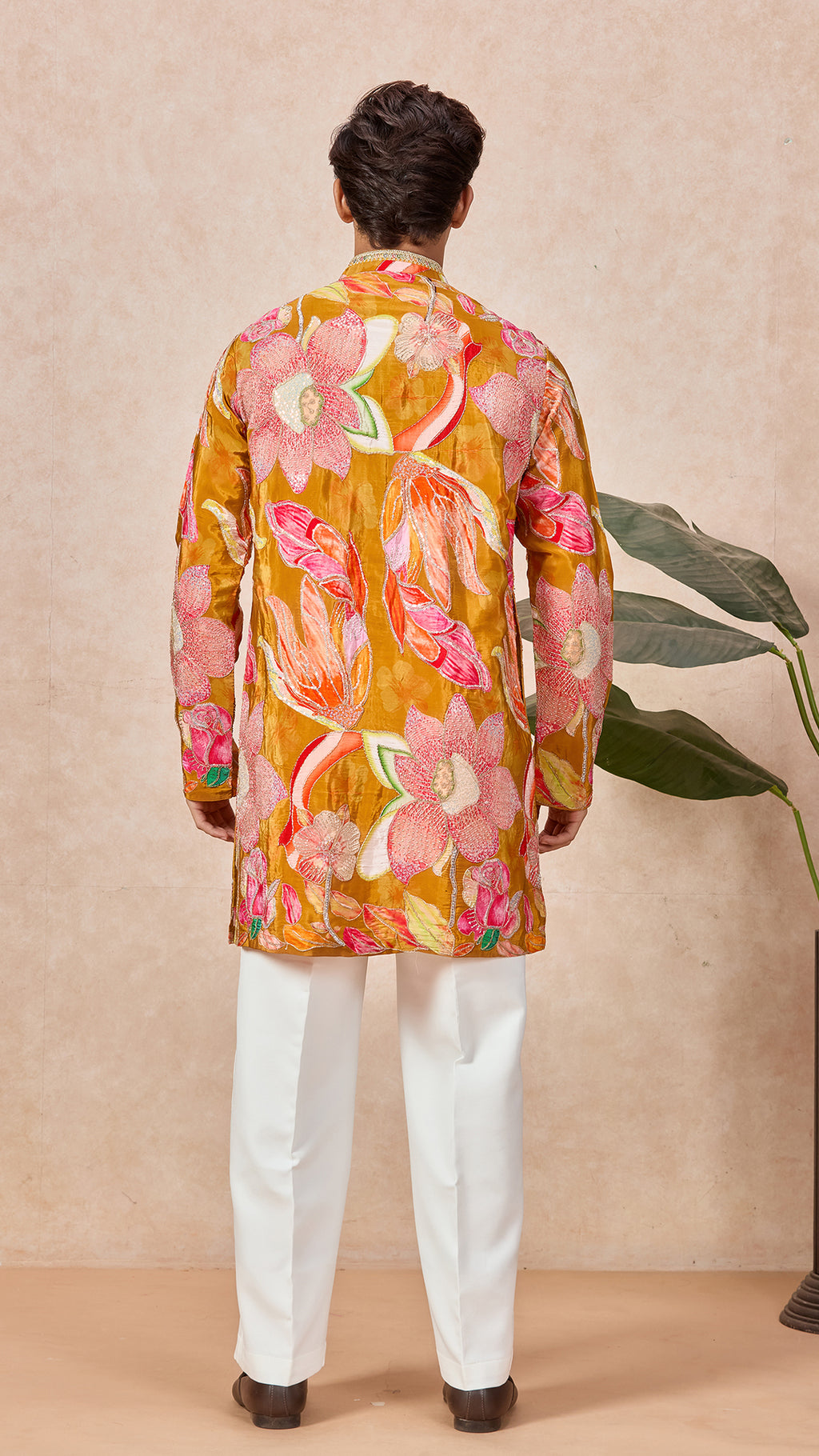 Bronze Yellow Floral V-Neck Short Kurta Set for Men with Korean Pants