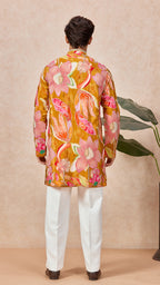 Bronze Yellow Floral V-Neck Short Kurta Set for Men with Korean Pants