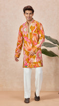Bronze Yellow Floral V-Neck Short Kurta Set for Men with Korean Pants