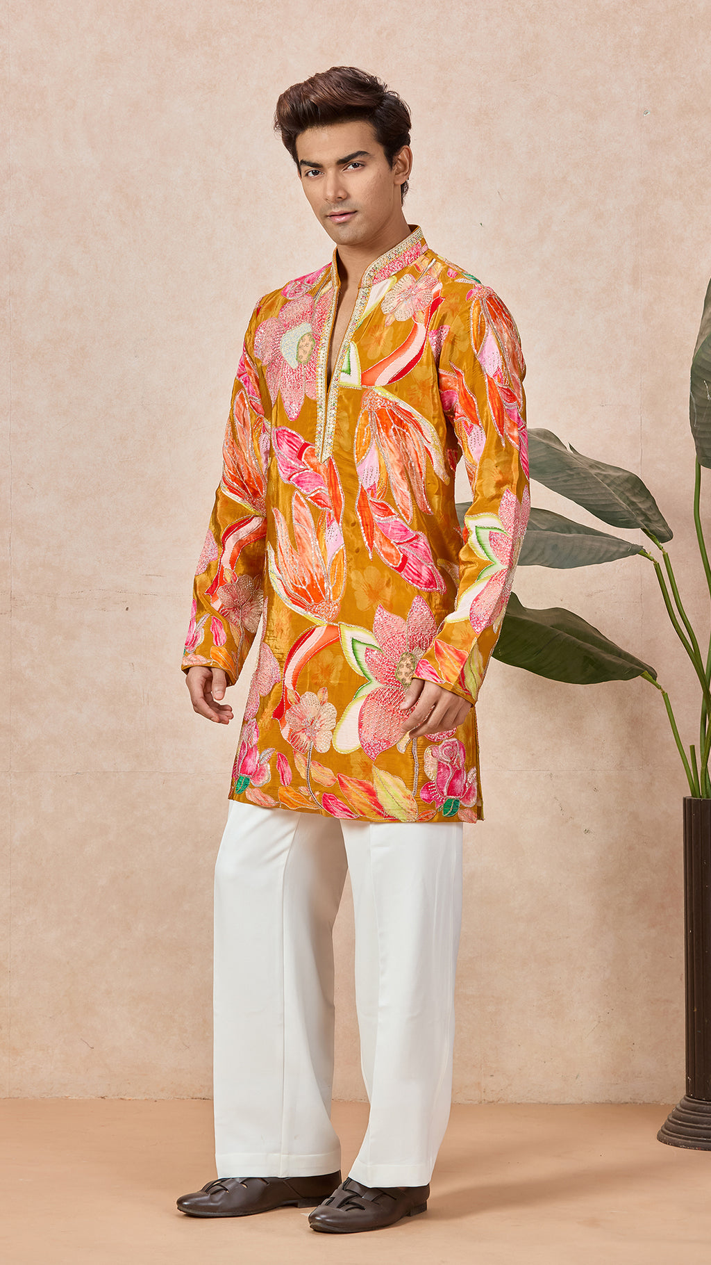 Bronze Yellow Floral V-Neck Short Kurta Set for Men with Korean Pants
