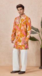 Bronze Yellow Floral V-Neck Short Kurta Set for Men with Korean Pants