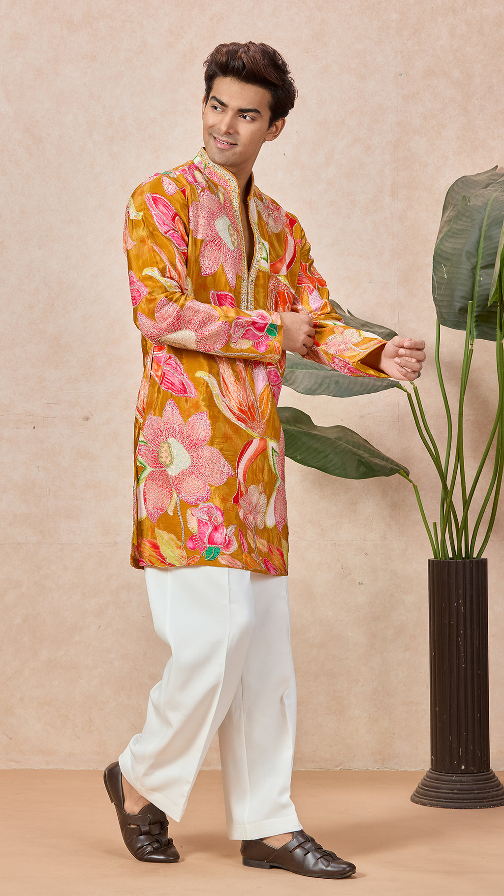 Bronze Yellow Floral V-Neck Short Kurta Set for Men with Korean Pants