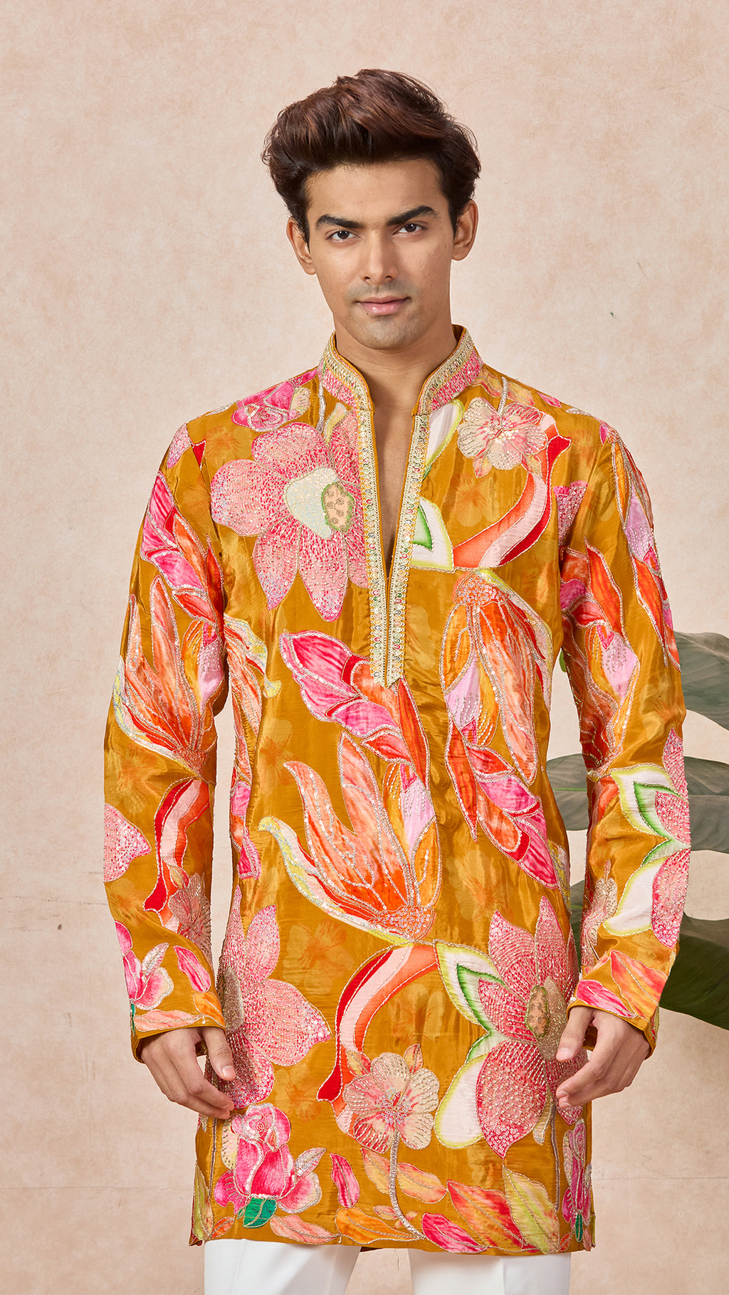 Bronze Yellow Floral V-Neck Short Kurta Set for Men with Korean Pants